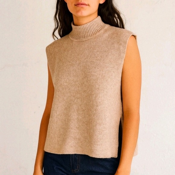 LOFT Sweaters - LOFT Beige Mock Neck Wool Ribbed Sleeveless Sweater Vest One Size Large Preppy